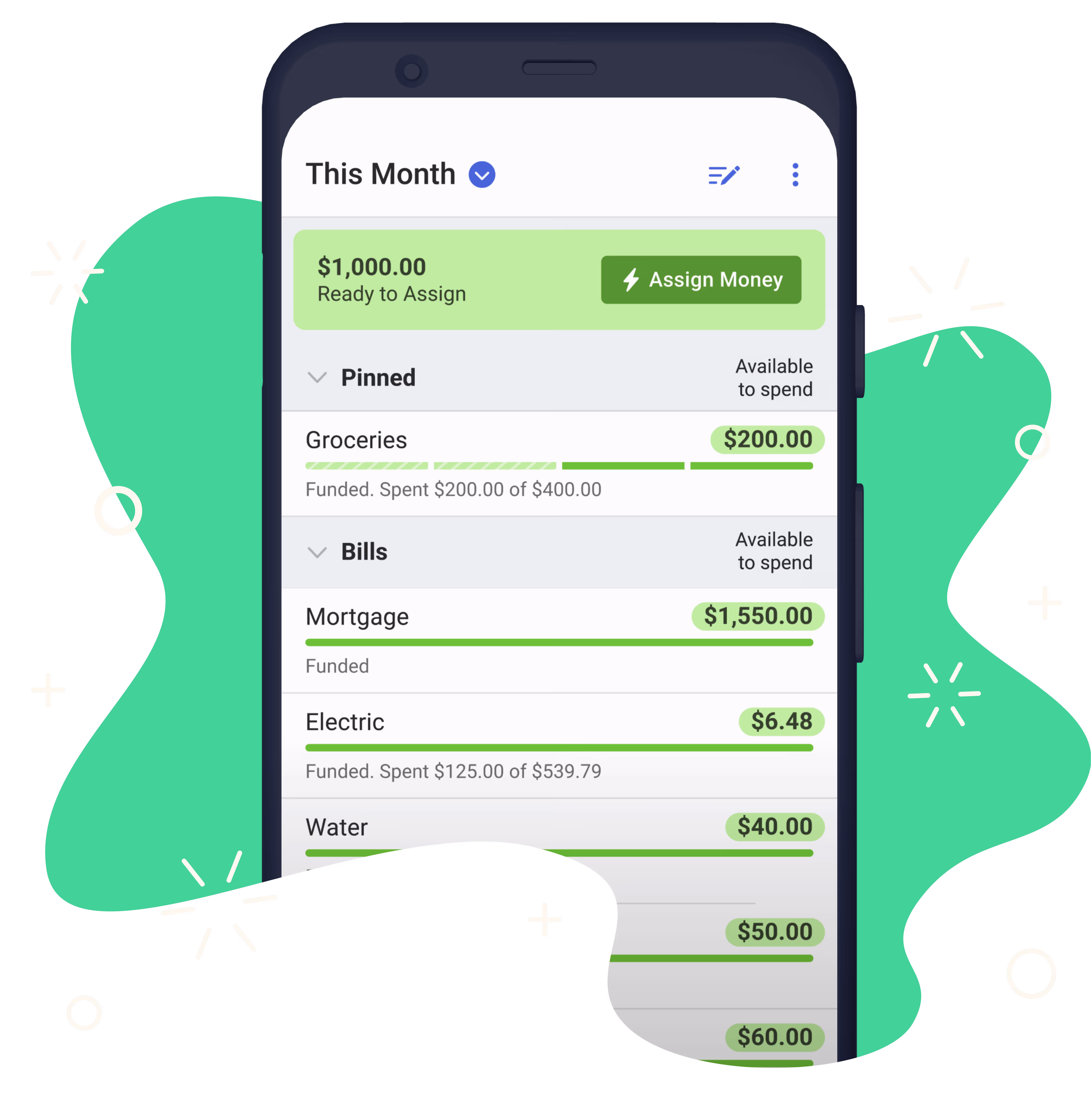 A phone with the YNAB app coming out of a squiggly shaped-portal surrounded by sparks and bubbles